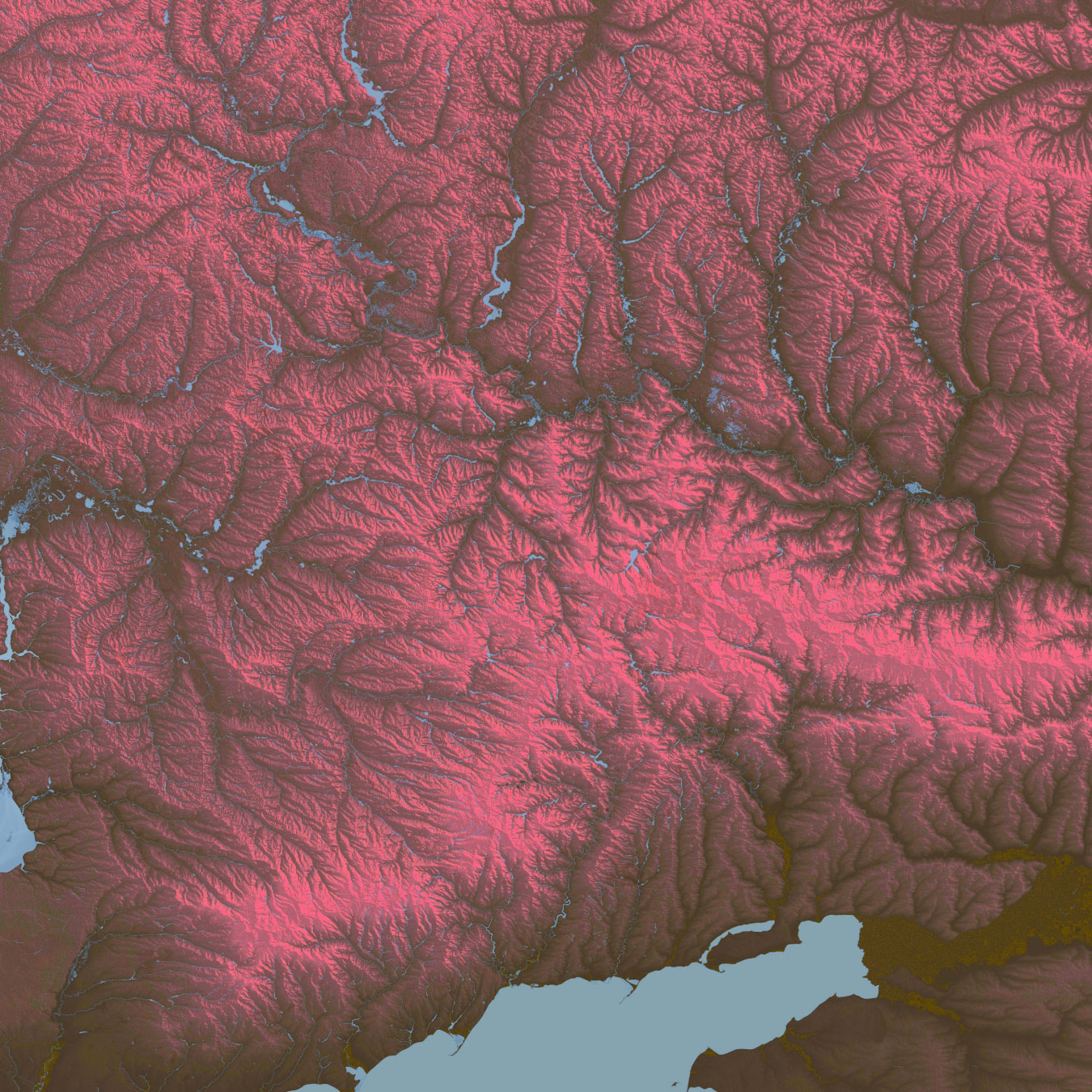 Alternative terrain section of eastern Ukraine including part of the Sea of Azov at the bottom