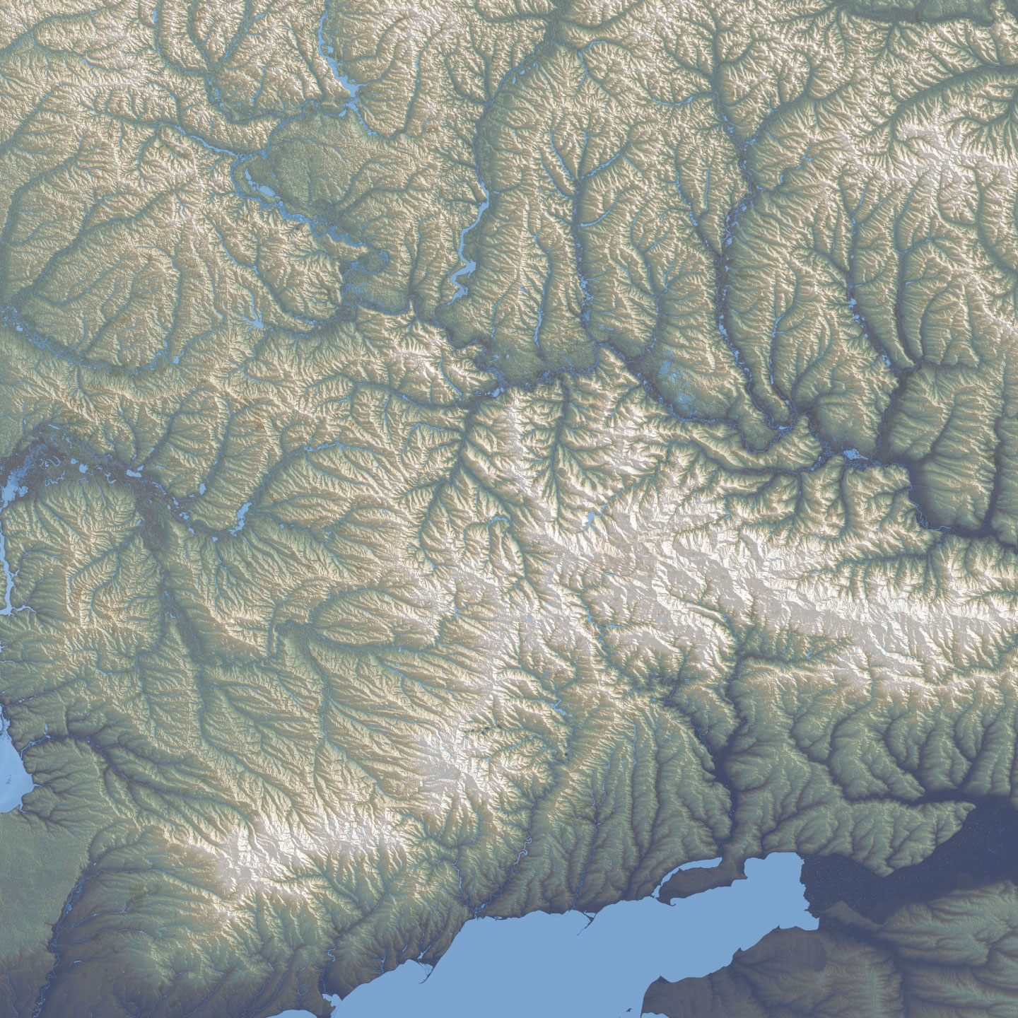 Alternative terrain section of eastern Ukraine including part of the Sea of Azov at the bottom