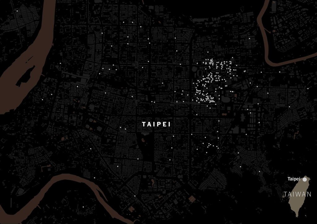 A map of Taipei showing restaurants listed in the area