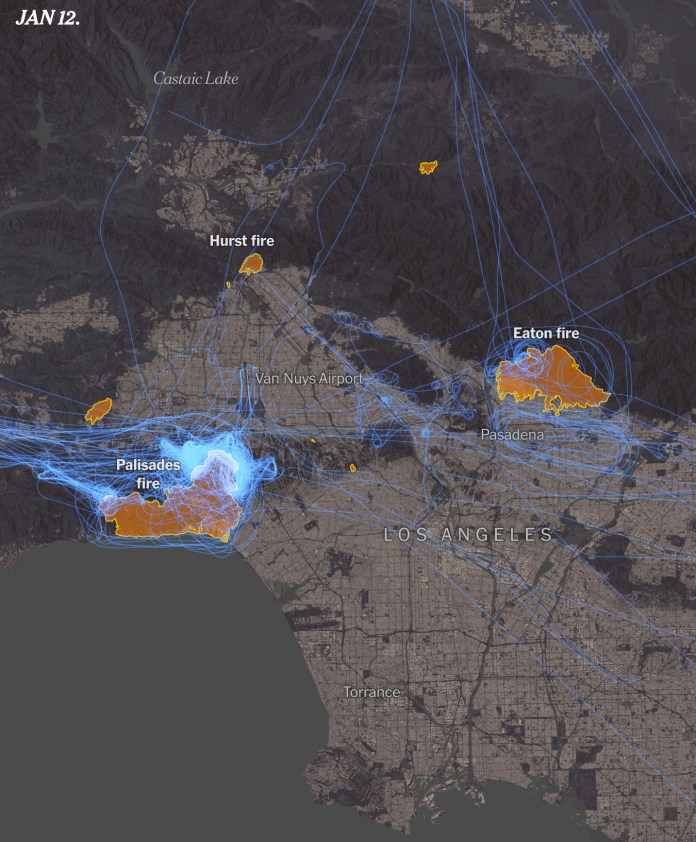 A map of aircraft response over the city of Los Angeles after the wildfires in Jan 2025