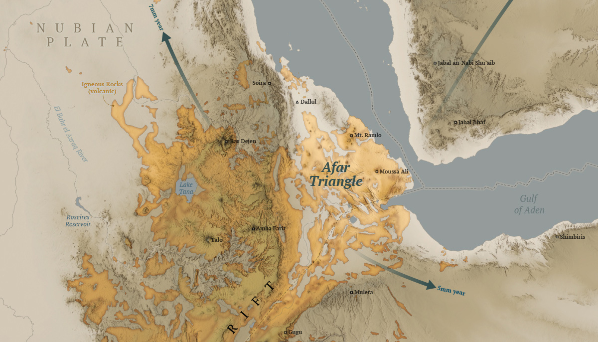 A detail of a map showing the Afar Triangle in Africa
